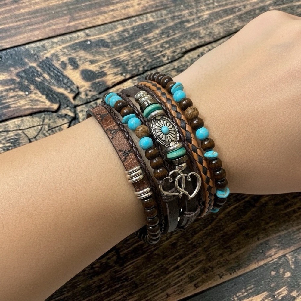 Boho Western Turquoise Beaded Leather Multi Strand Bracelet Double Heart